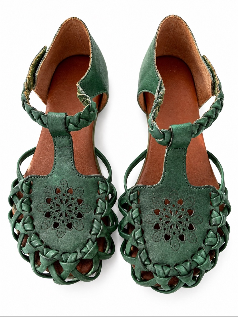 Green Braided Floral Cutout Ankle Strap Flat Sandals EU 36 US 6